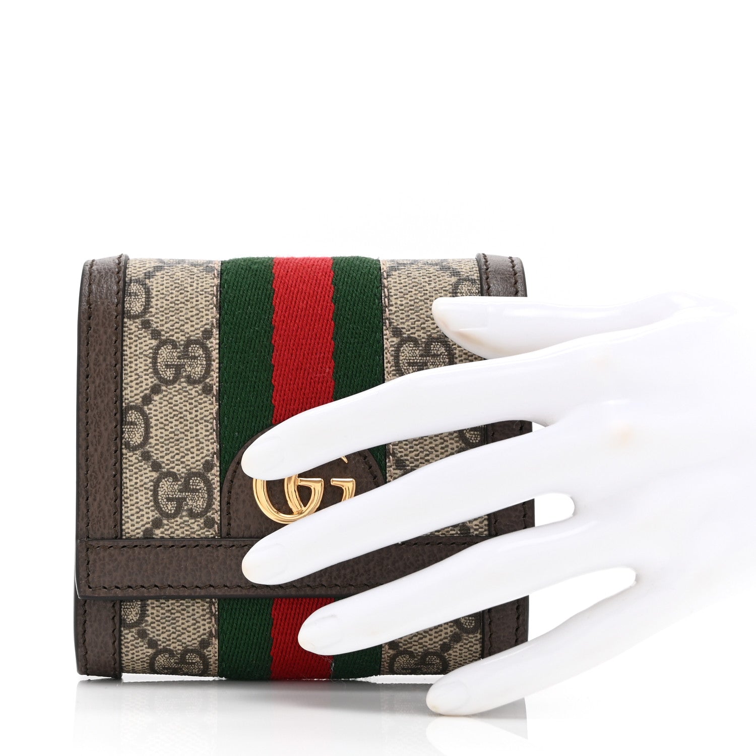 GG Supreme Monogram Textured Calfskin Web Ophidia Card Case Wallet Beige Ebony New Acero