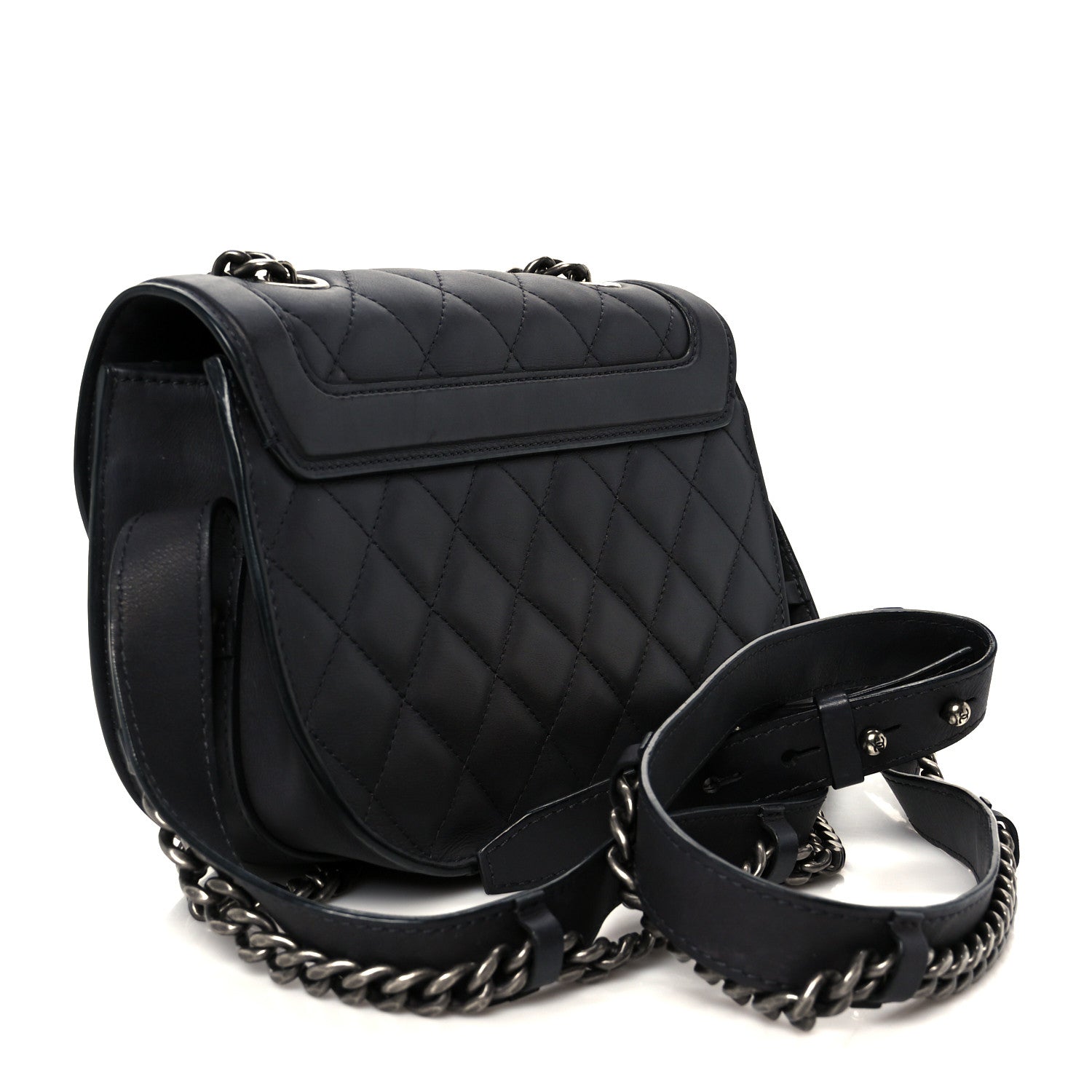 Shiny Goatskin Quilted Small Double Chained Messenger Flap Black