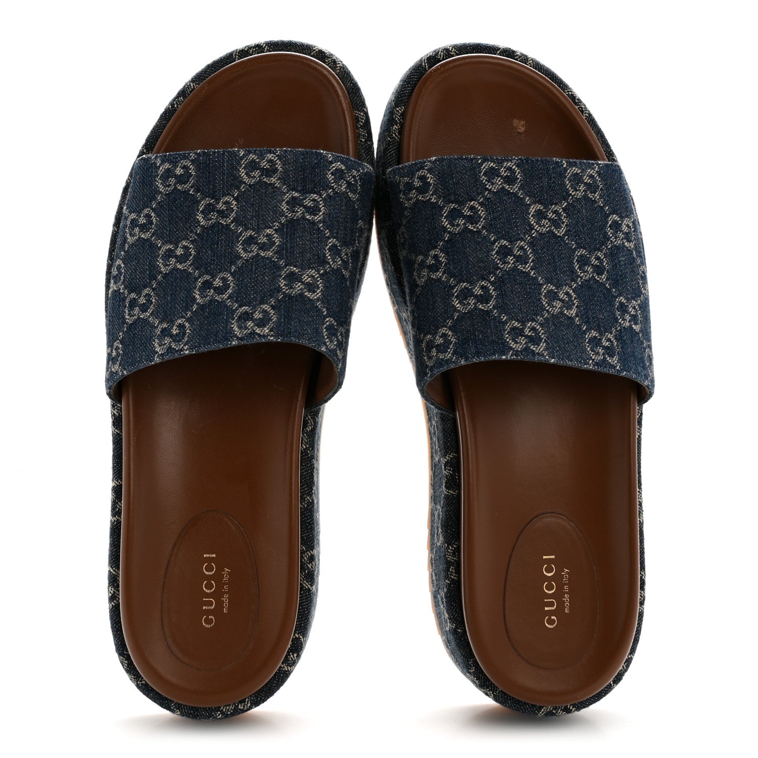 New Denim GG Monogram Angelina Platform 55mm Slide Sandals 41 Blue Tea