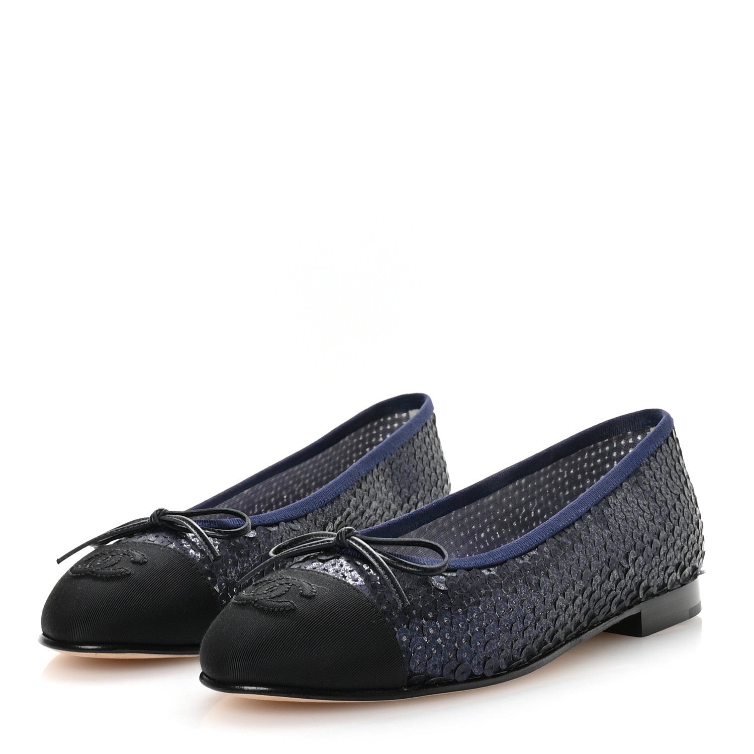Glittered Muslin Grosgrain Cap Toe Ballerina Flats 37 Navy Blue Black