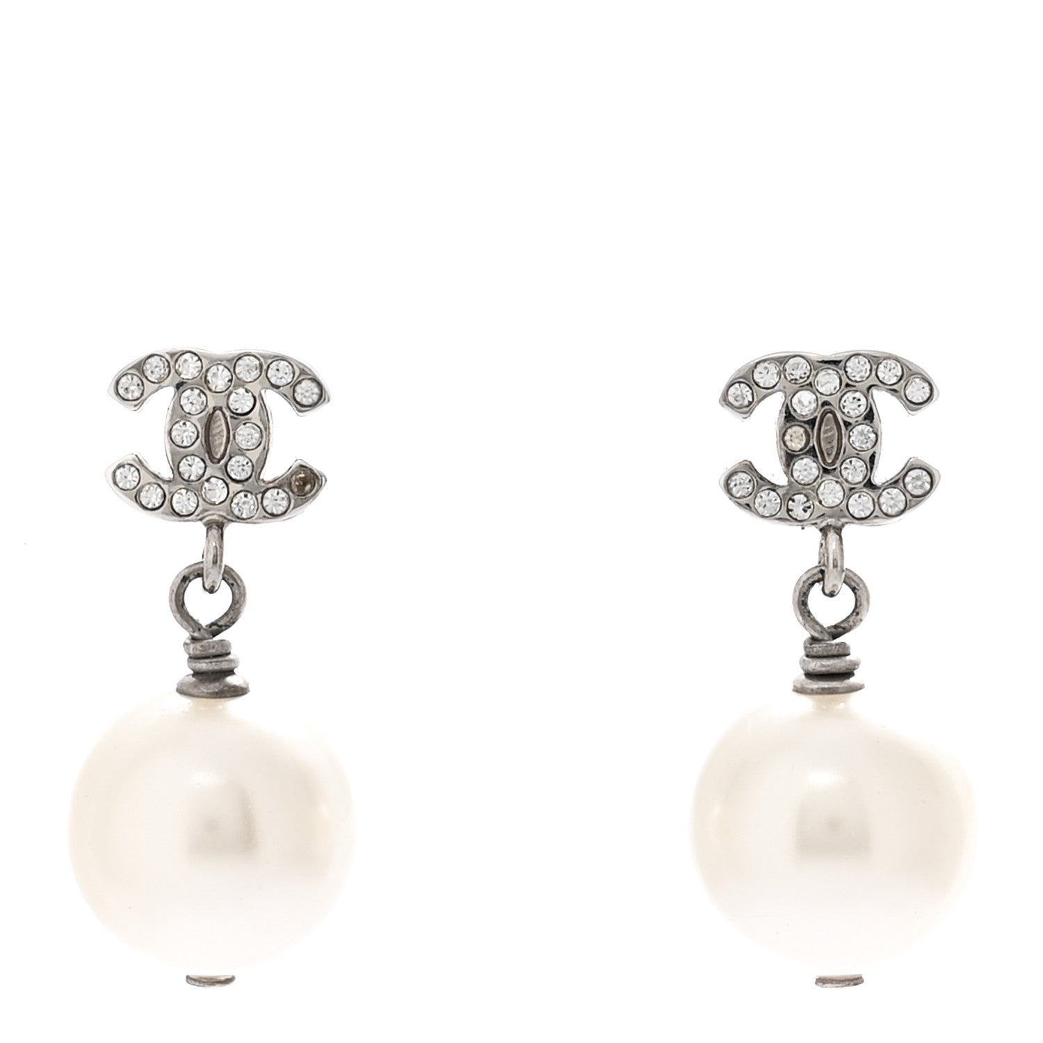 Crystal Pearl CC Drop Earrings Silver Pearly White