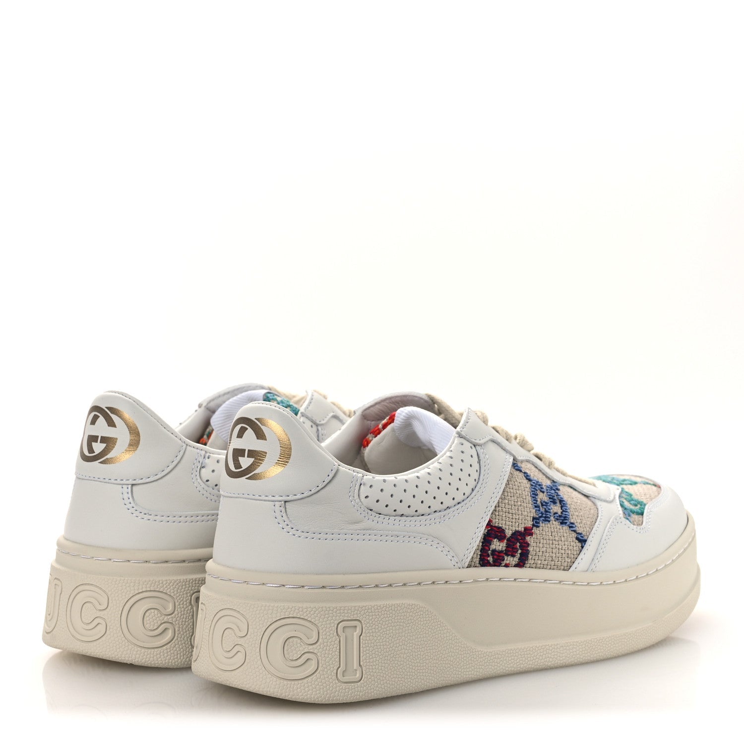 Dali Soft Calfskin GG Tennis Embossed Perforated Womens Platform 55mm Sneakers 38.5 White Multicolor