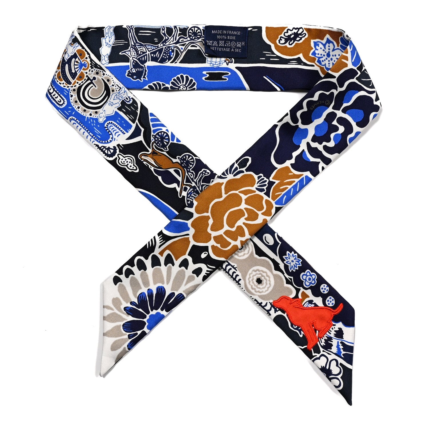 Silk Bingata Sticker Twilly Marine Tabac Bleu Vif