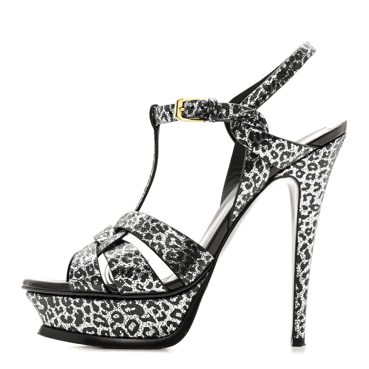 Metallic Calfskin Leopard Print Tribute 105 Platform Sandals 38  Black Silver