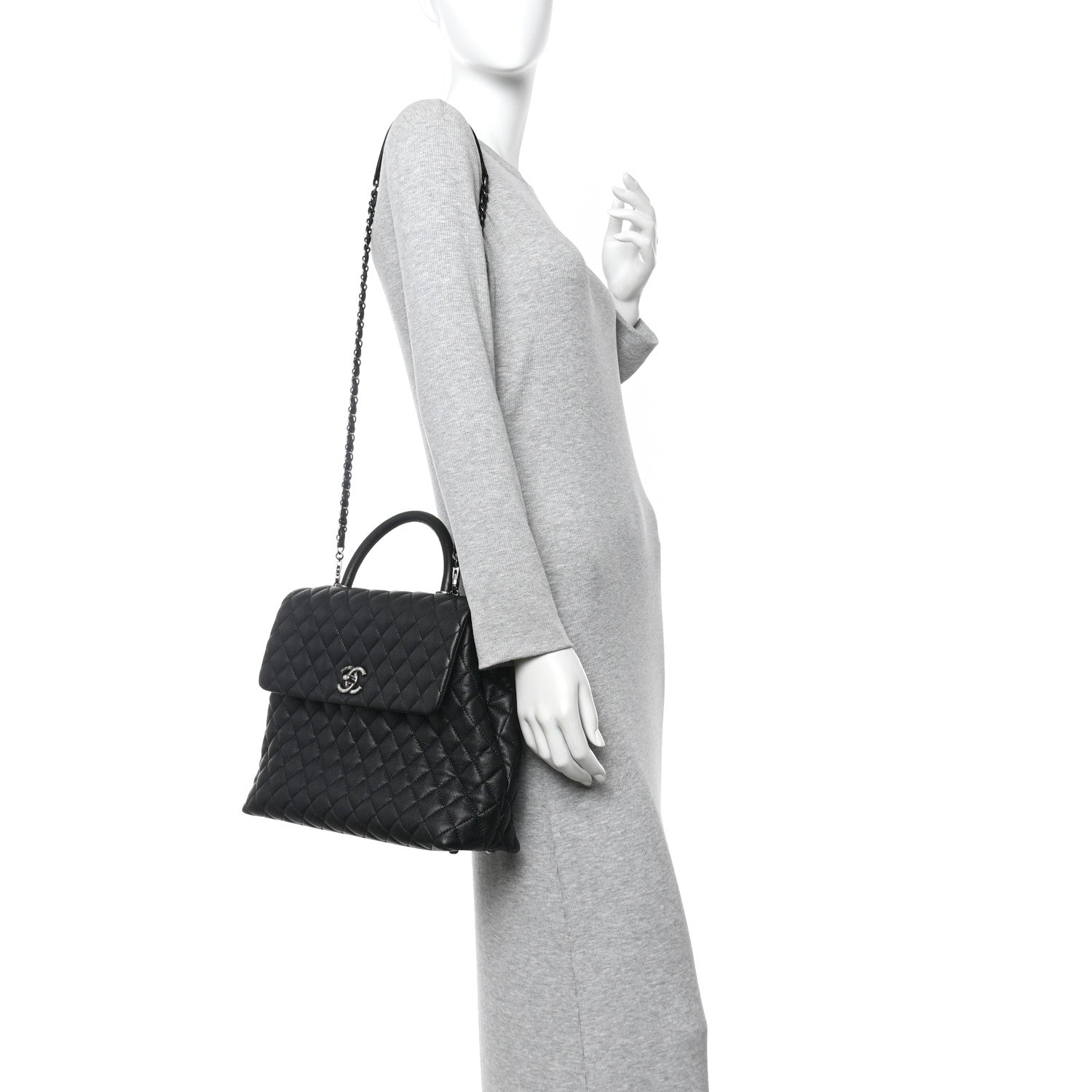 Caviar Quilted Large Coco Handle Flap Black