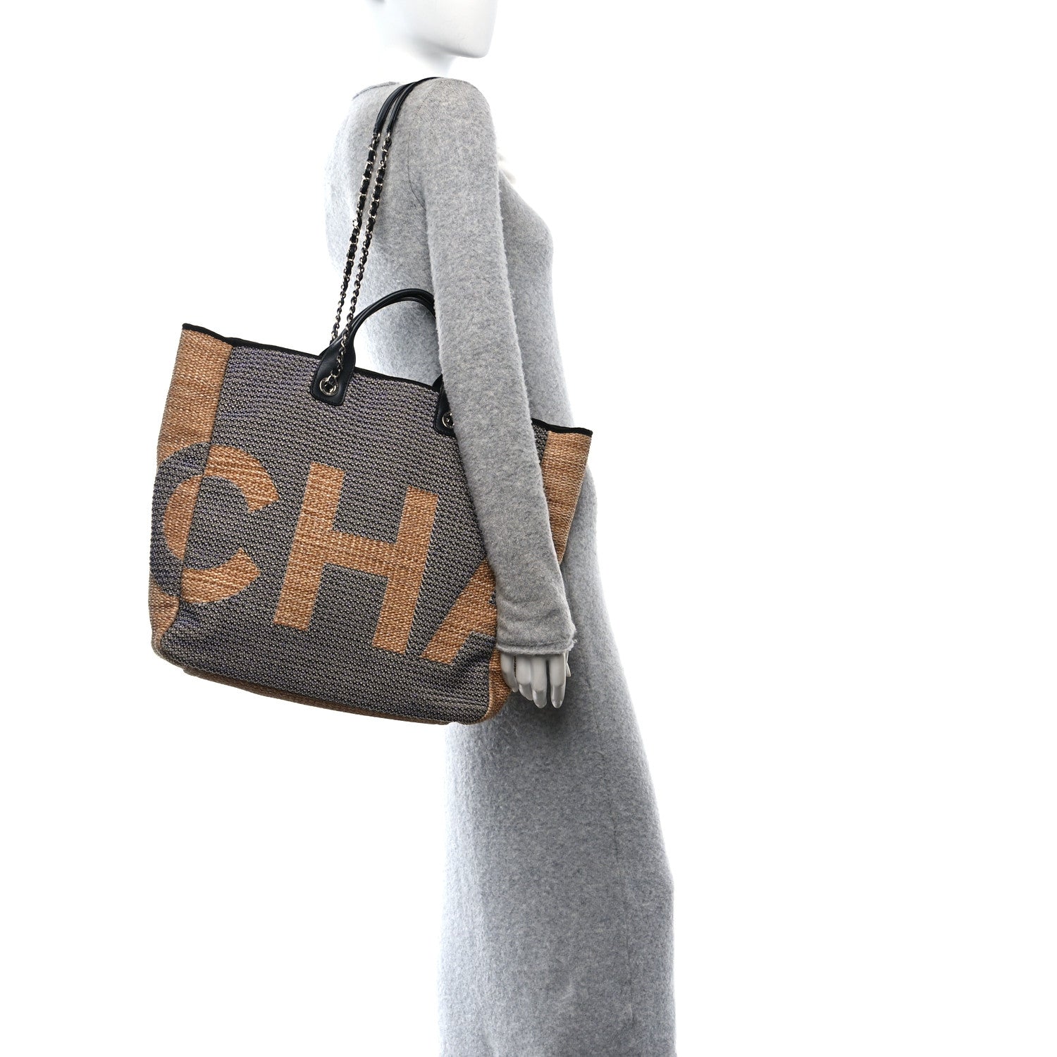 Woven Straw Raffia Logo Tote Blue Beige