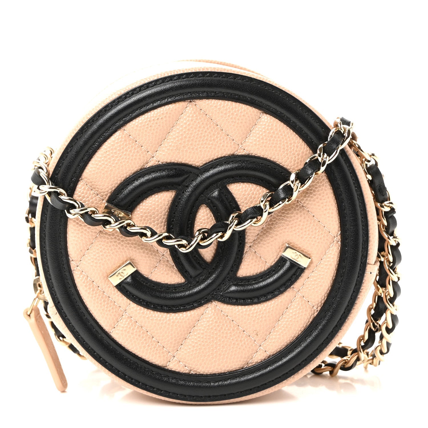 Caviar Quilted Round Filigree Crossbody Beige Black