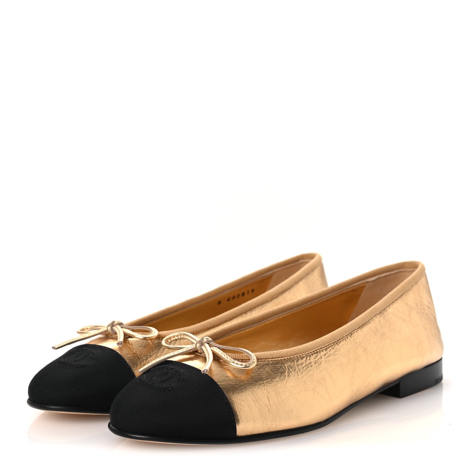 Laminated Crumpled Lambskin Grosgrain Cap Toe CC Ballerina Flats 37.5 Gold Black