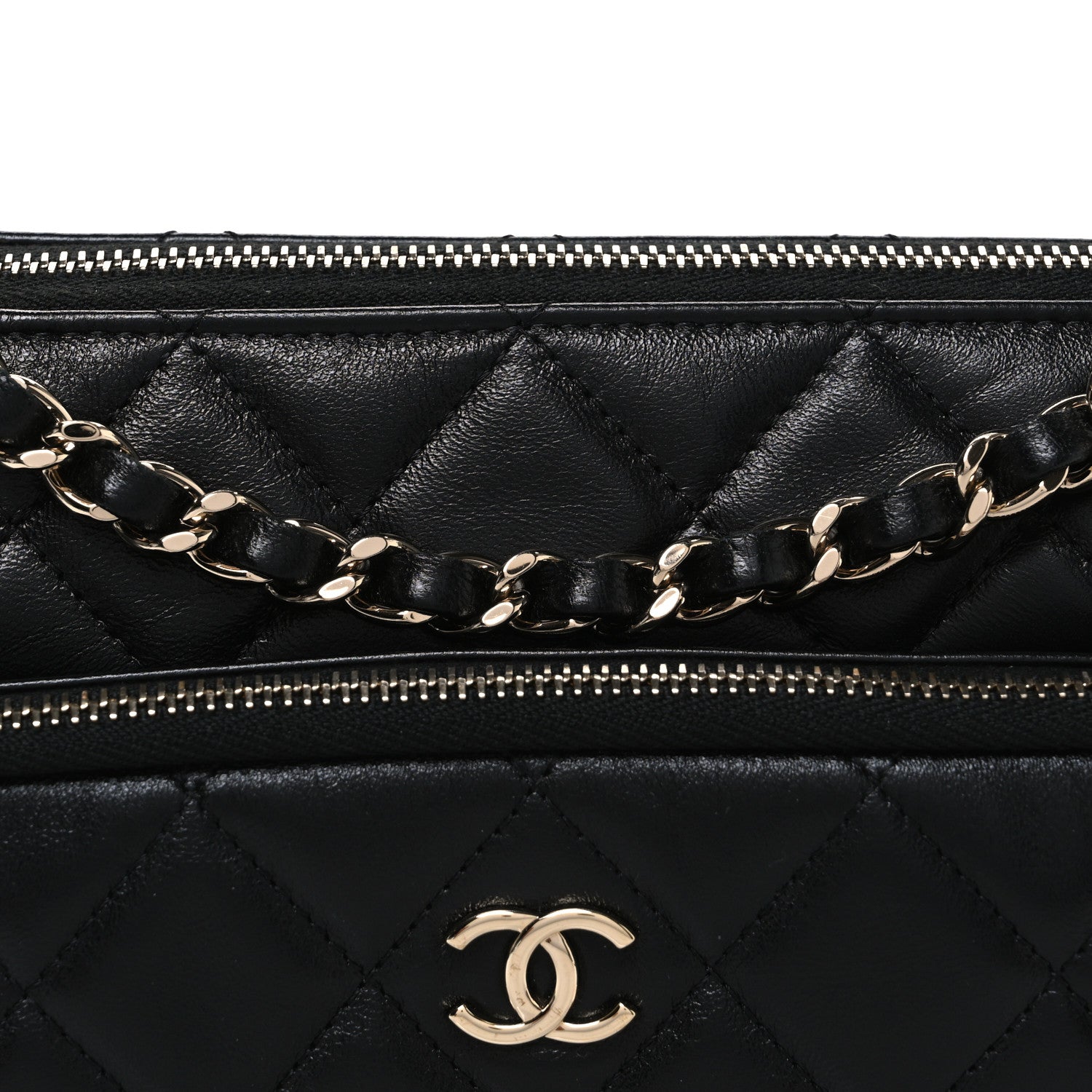 Shiny Crumpled Lambskin Quilted Small Preppy Pocket Clutch With Chain Black