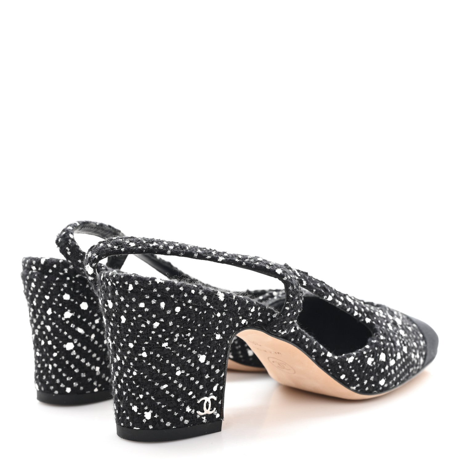 Tweed Polkadot Grosgrain Cap Toe CC Slingback Pumps 36 Black White Silver
