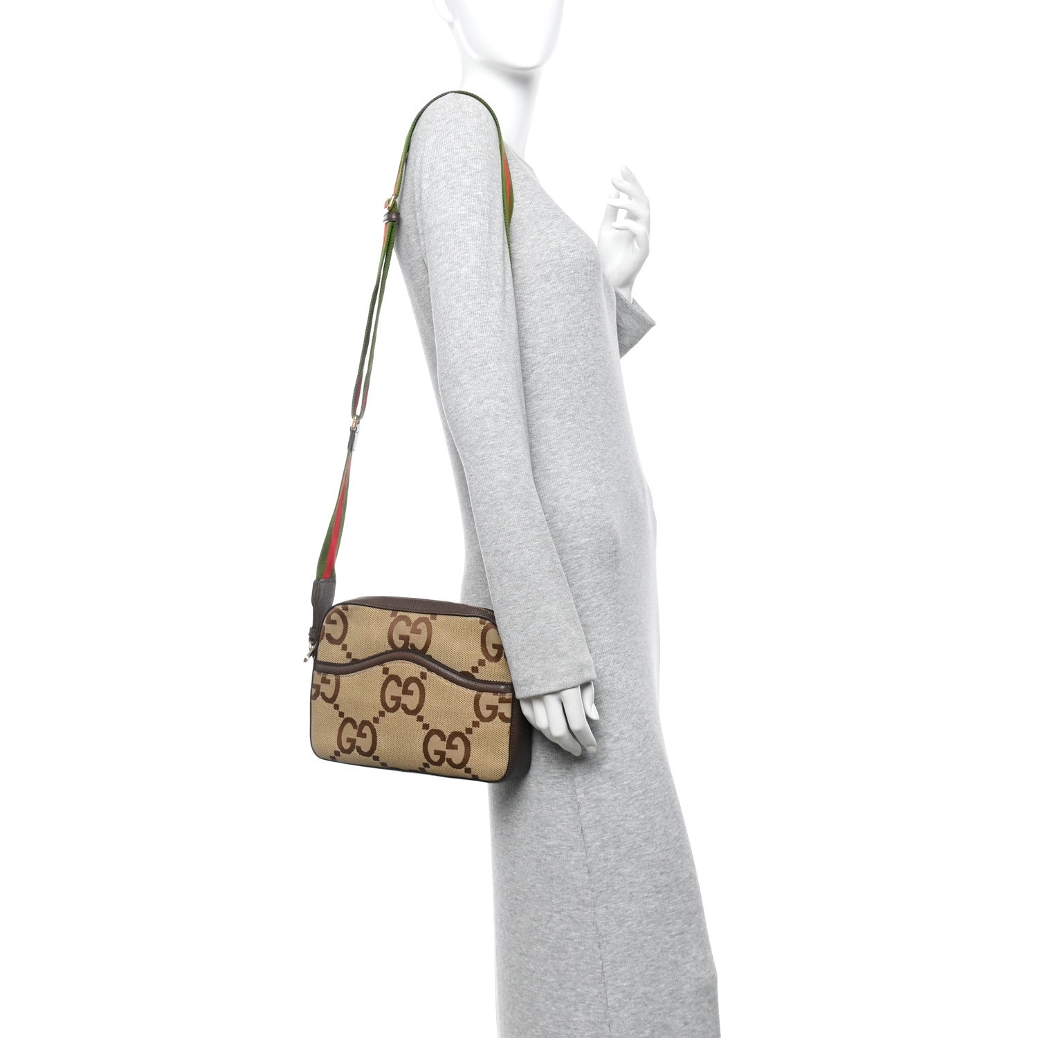 Monogram Jumbo GG Textured Dollar Calfskin Web Messenger Shoulder Bag Camel Ebony New Acero