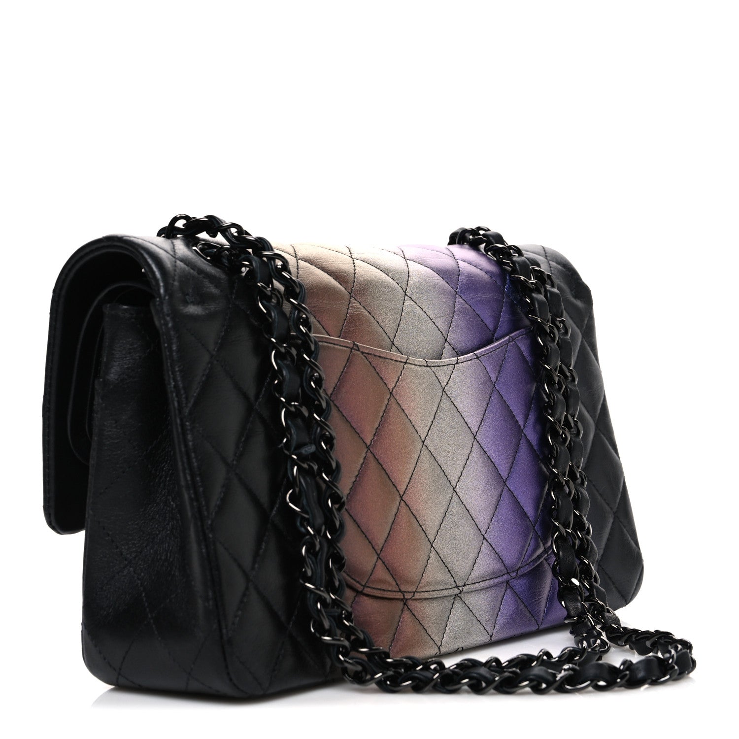 Metallic Calfskin Quilted Ombre Medium Double Flap Black