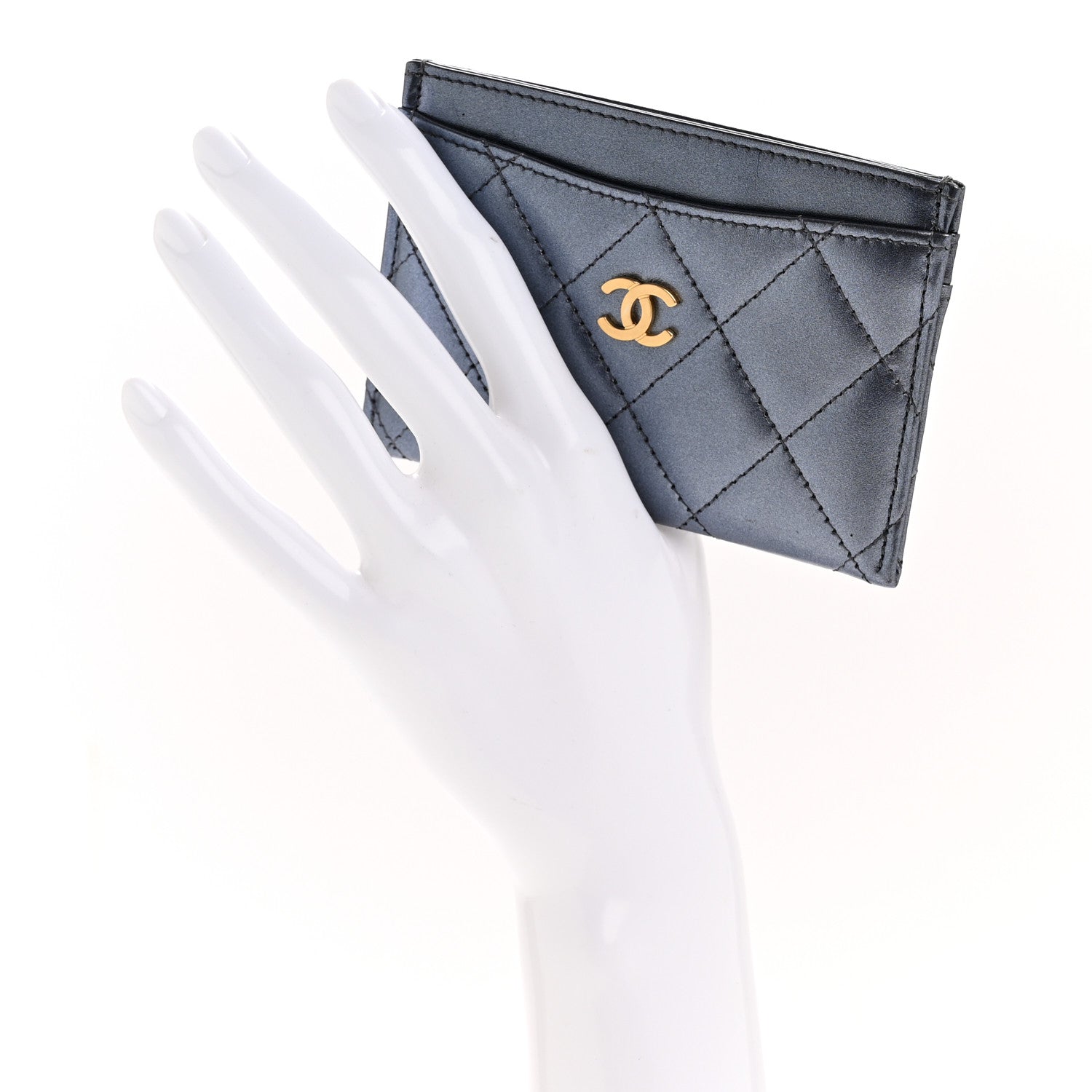 Metallic Lambskin Quilted Card Holder Dark Blue