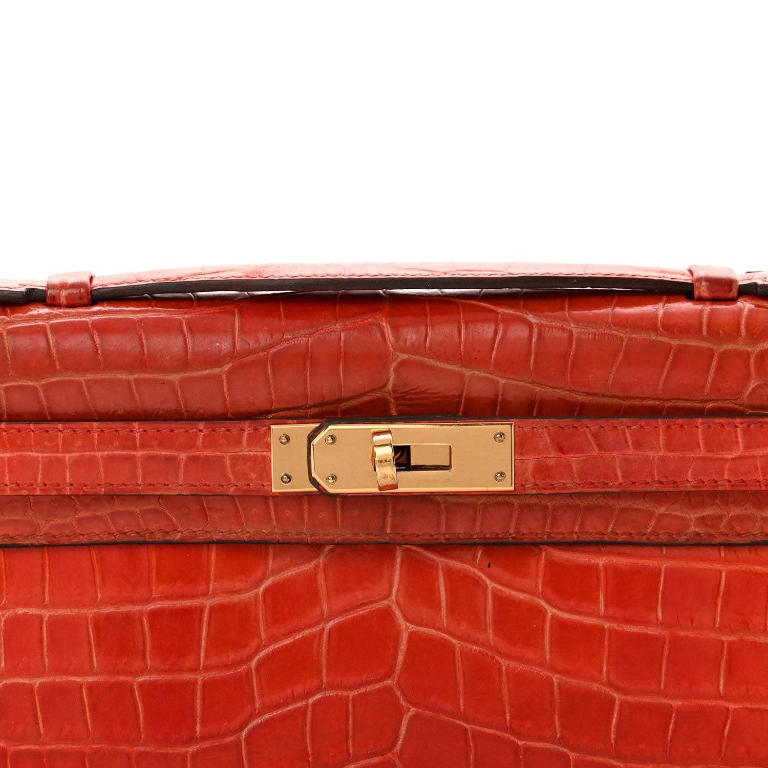 Shiny Porosus Crocodile Kelly Cut Pochette Orange Poppy