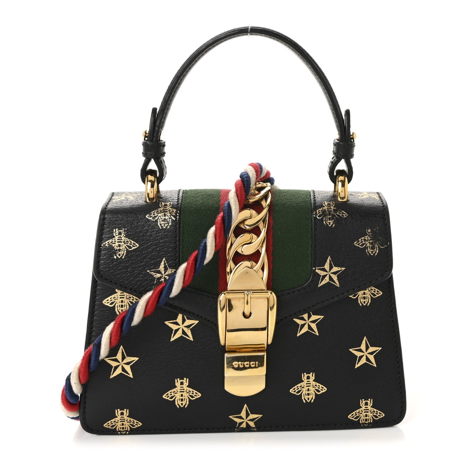Textured Calfskin Bee Star Print Mini Sylvie Top Handle Bag Black