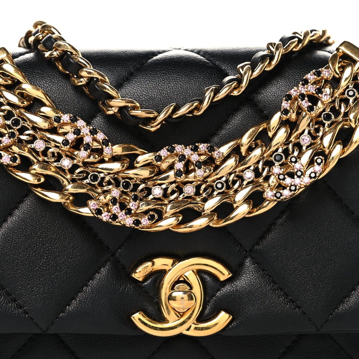 Lambskin Quilted Mini CC Crystal Logo Chain Flap Black