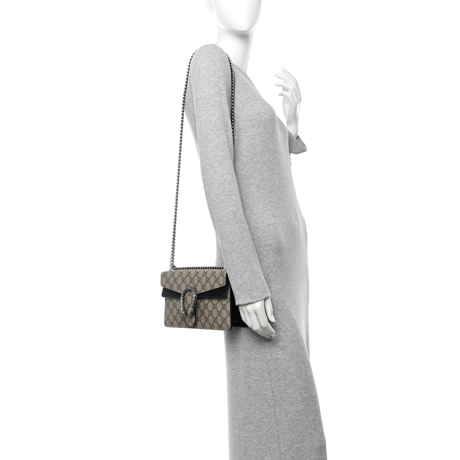 GG Supreme Monogram Suede Crystal Small Dionysus Shoulder Bag Beige Ebony Black