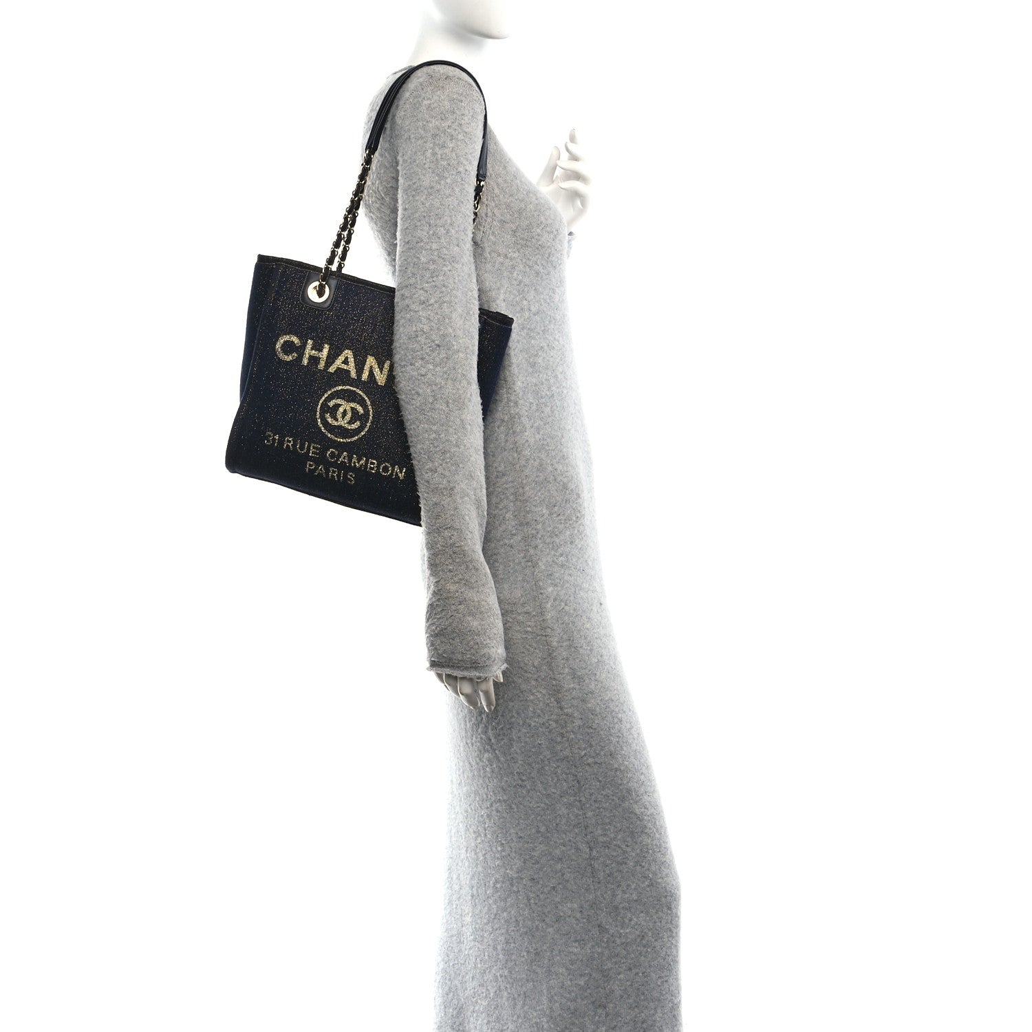 Lurex Canvas Mini Deauville Tote Navy Blue Gold