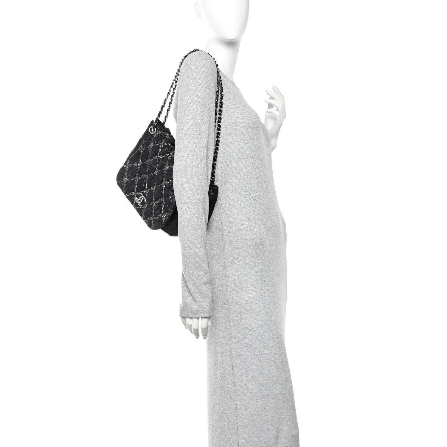 Nylon Quilted Tweed Stitch Bubble Flap Black