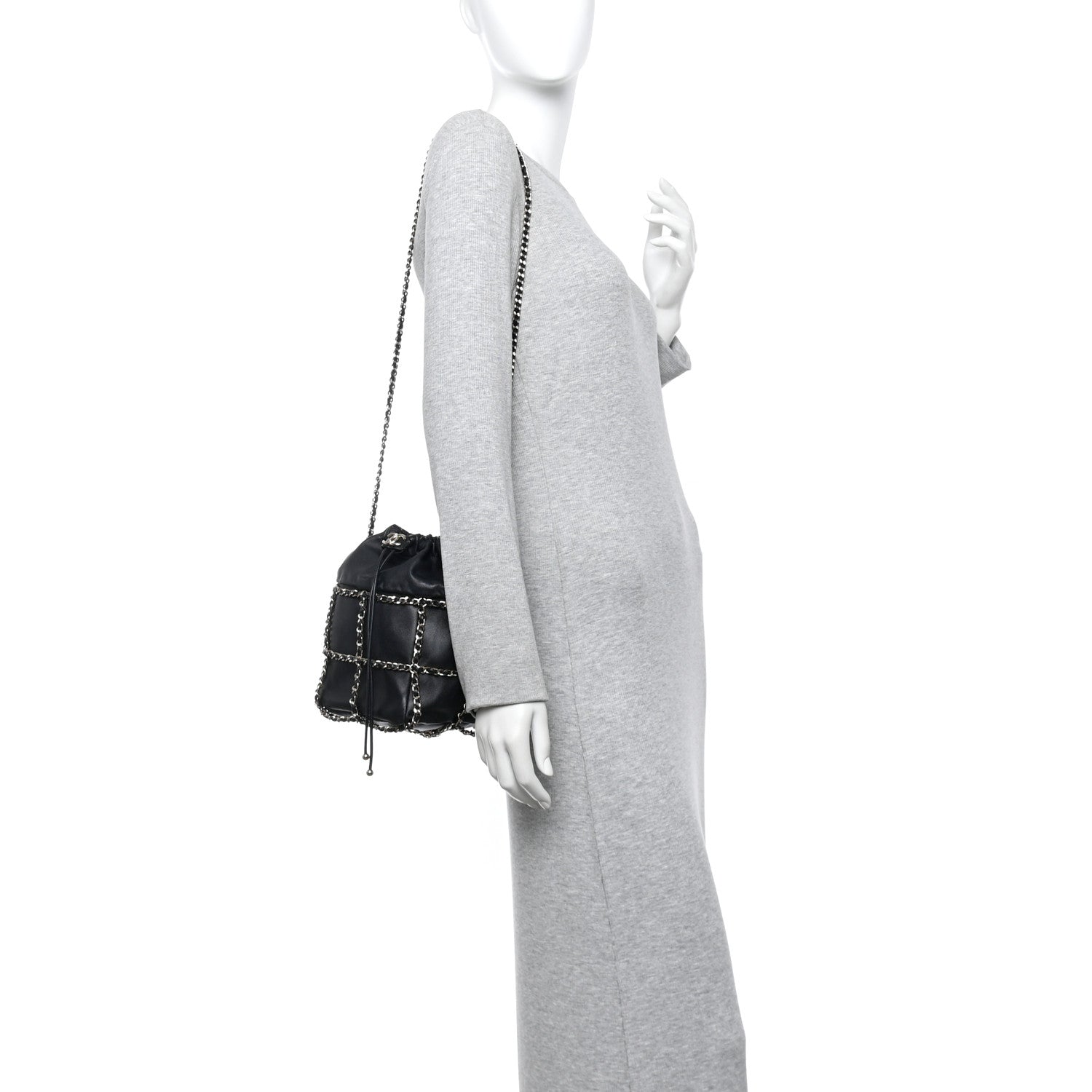 Lambskin Bucket Chain Drawstring Bag Black