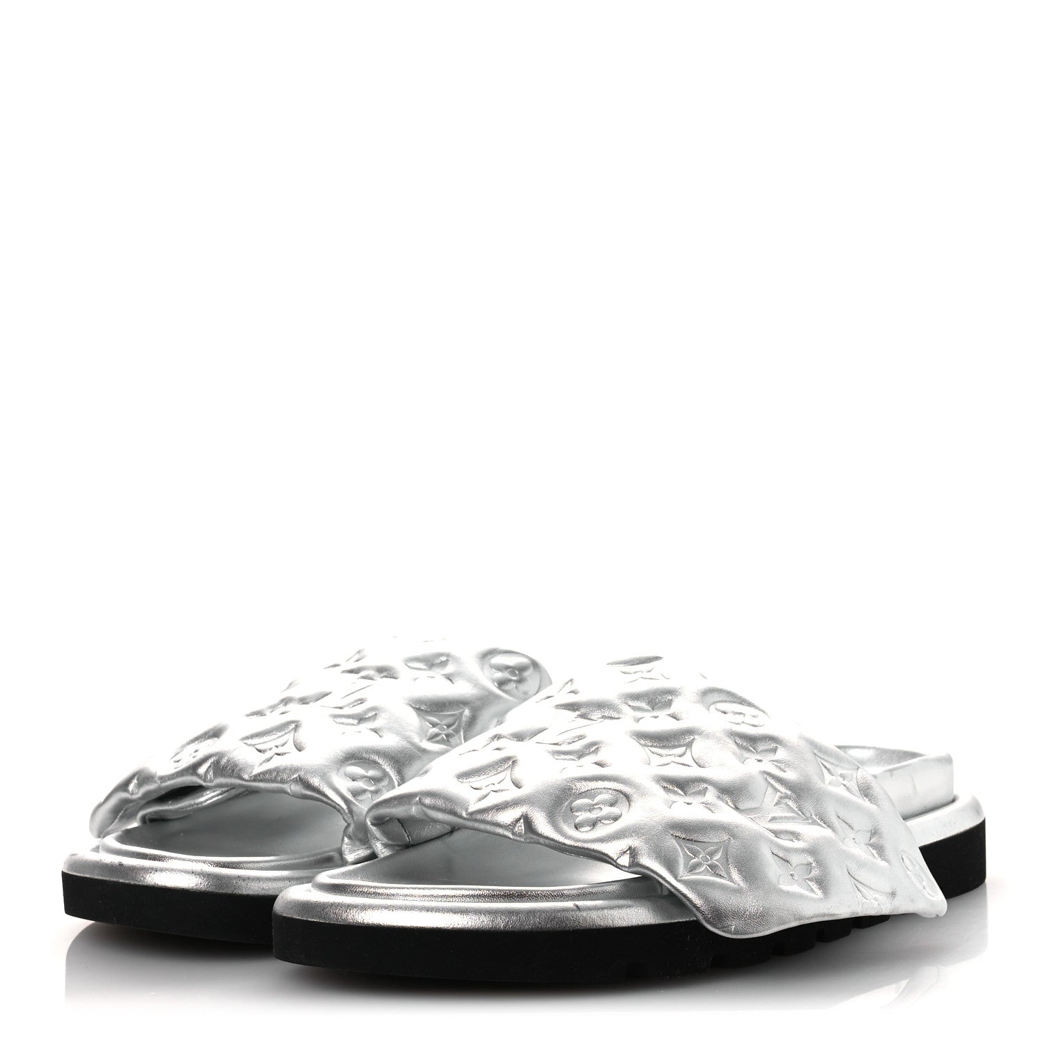 Lambskin Embossed Monogram Pool Pillow Flat Comfort Mule 39 Silver