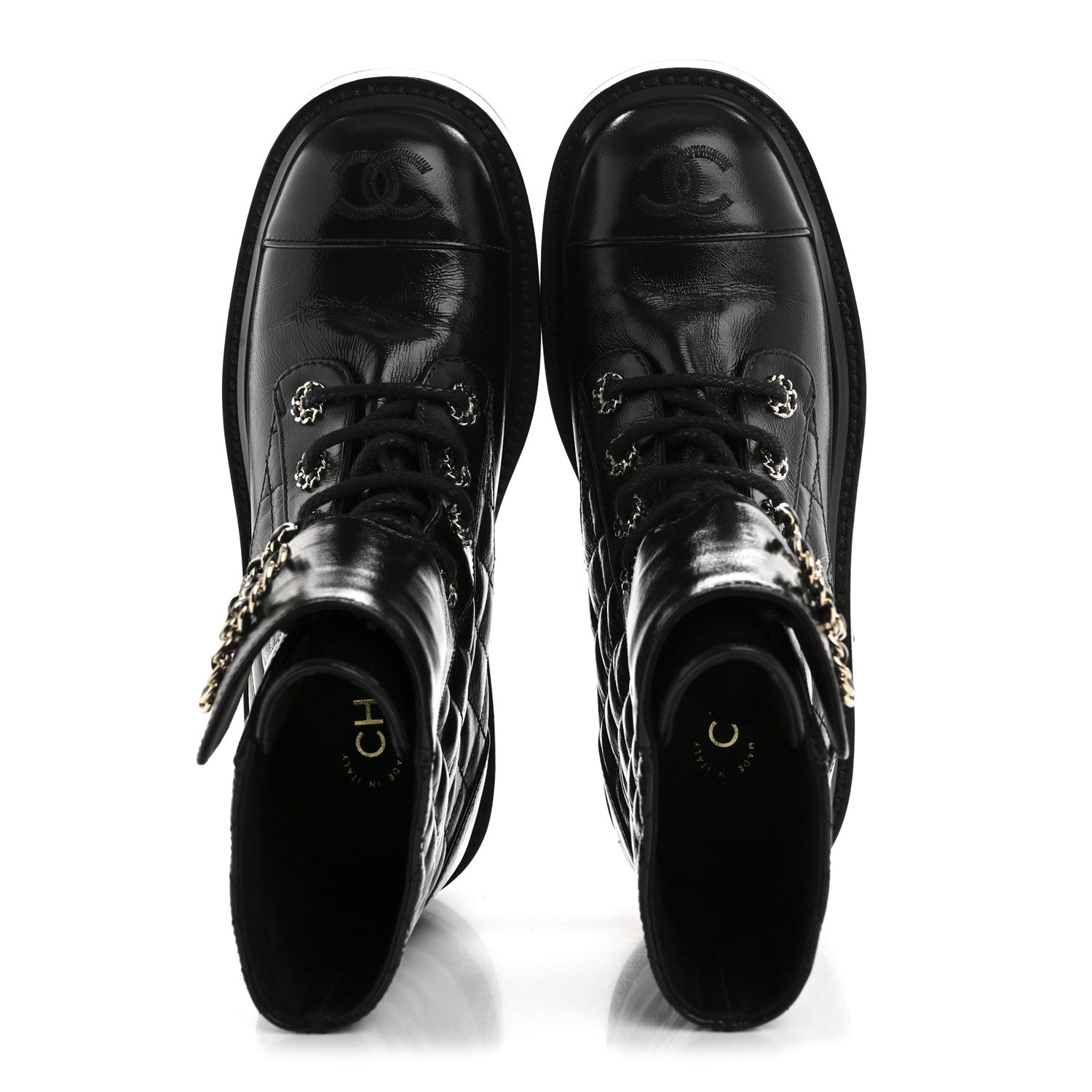 Shiny Lambskin Quilted Lace Up Combat Boots 37 Black