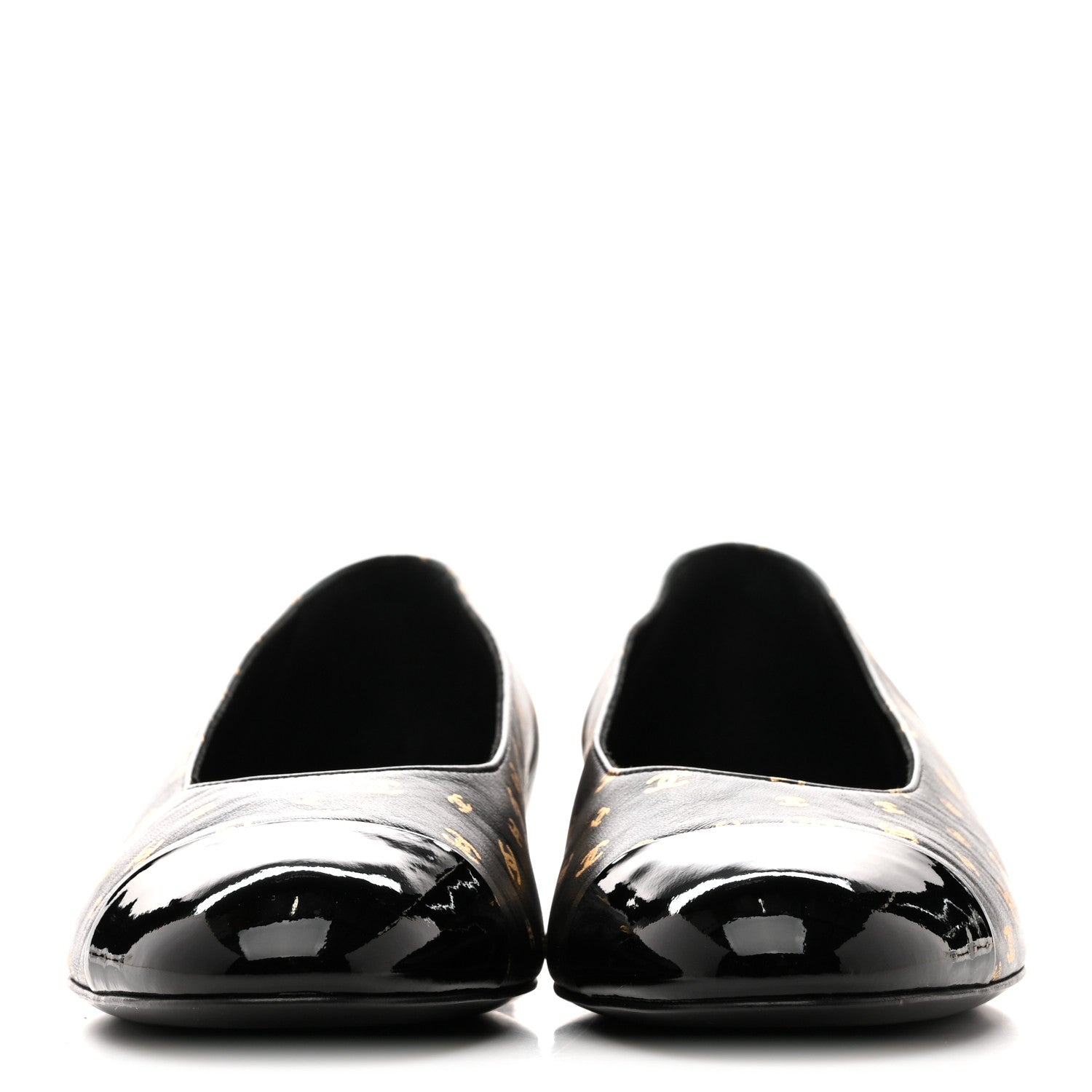 Lambskin Patent Calfskin Printed CC Cap Toe Ballerina Flats 38.5 Black Gold