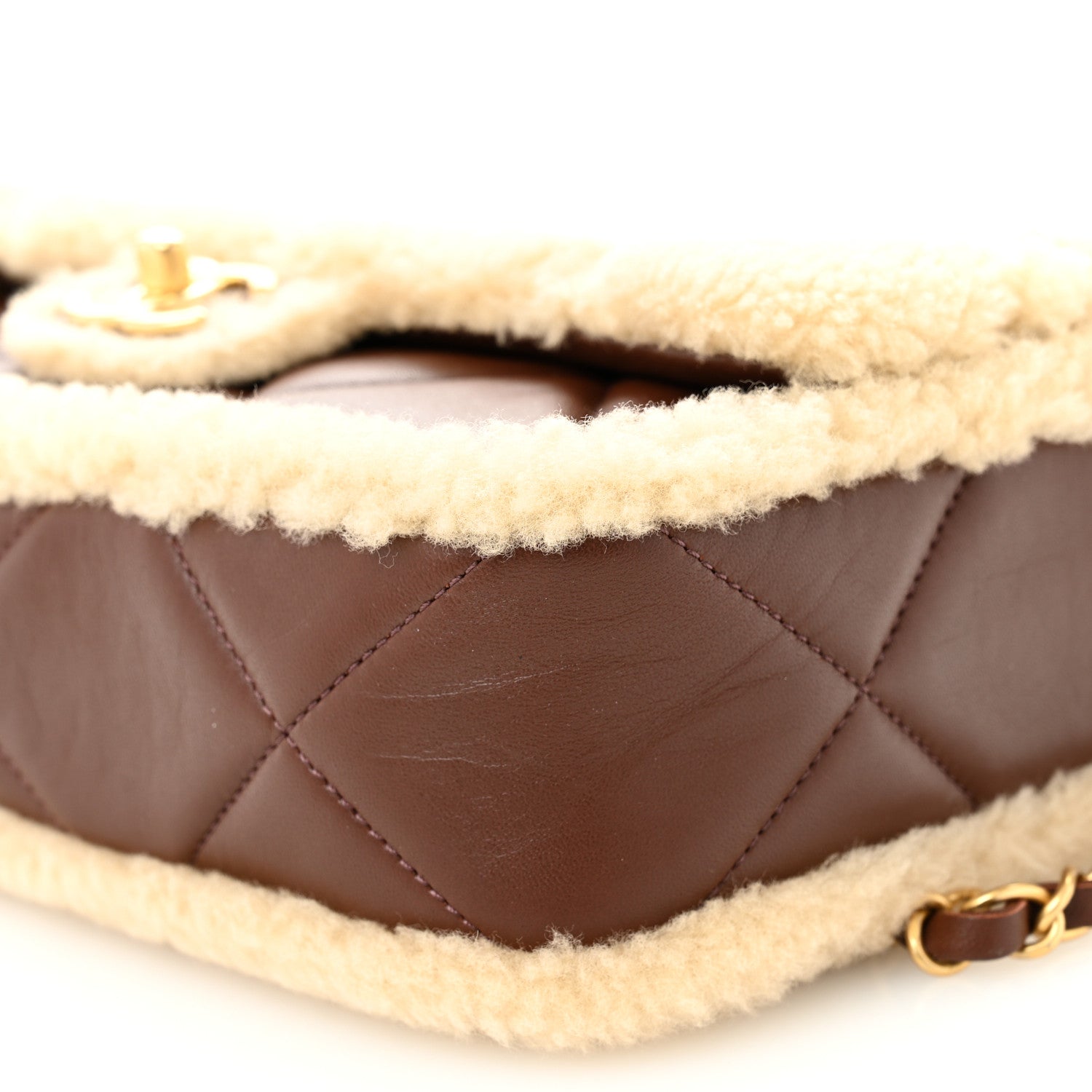 Shearling Lambskin Quilted Furry Coco Flap Beige Dark Brown