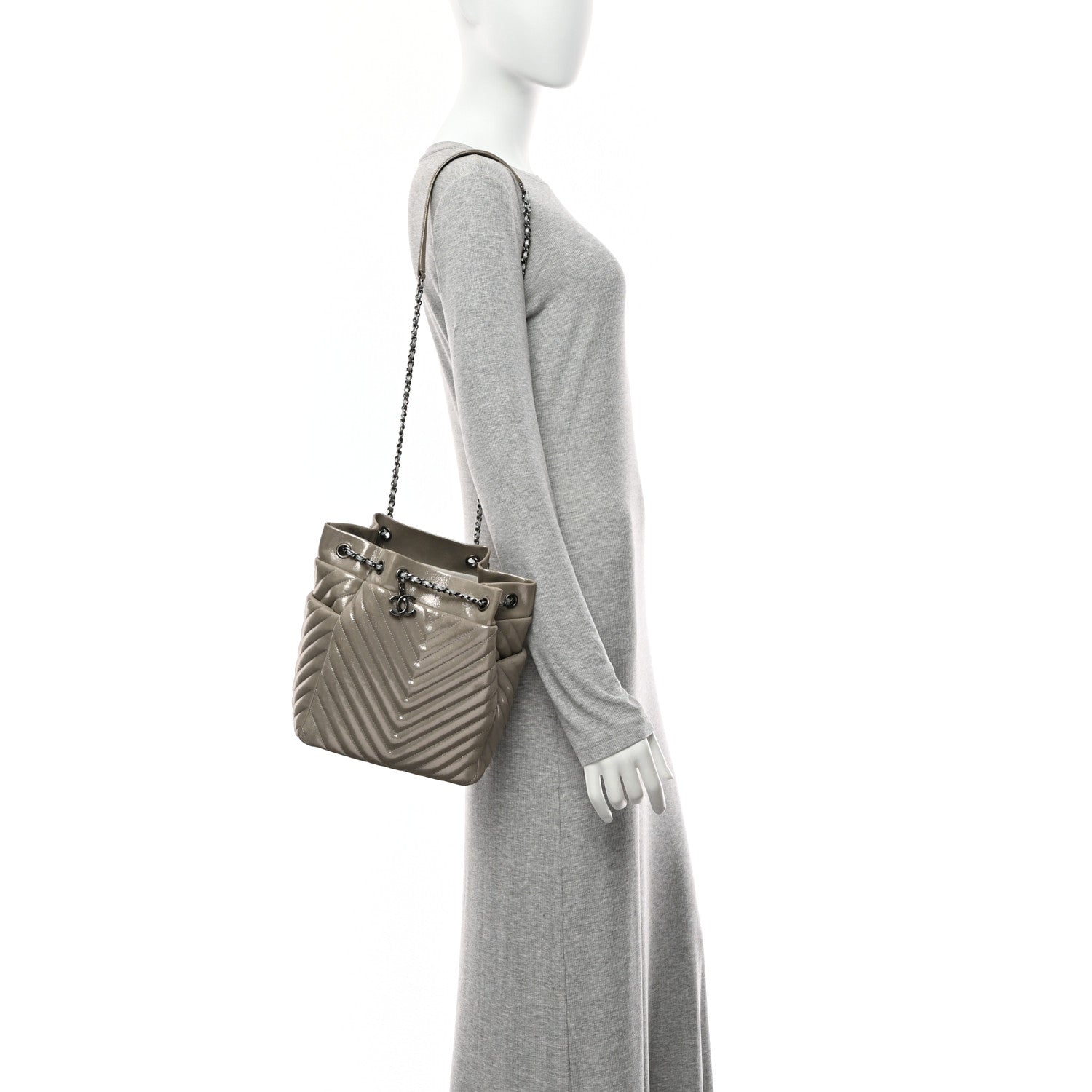 Iridescent Calfskin Chevron Small Urban Spirit Drawstring Bag Silver