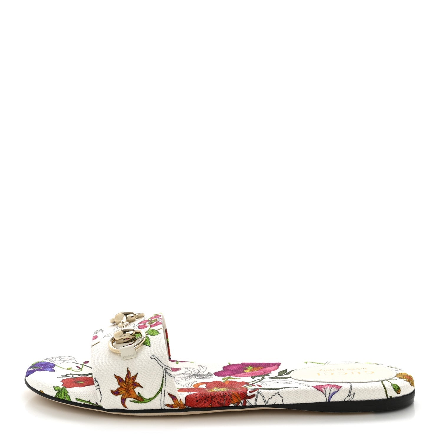 Canvas Flora Print Horsebit Slide Sandals 37 White