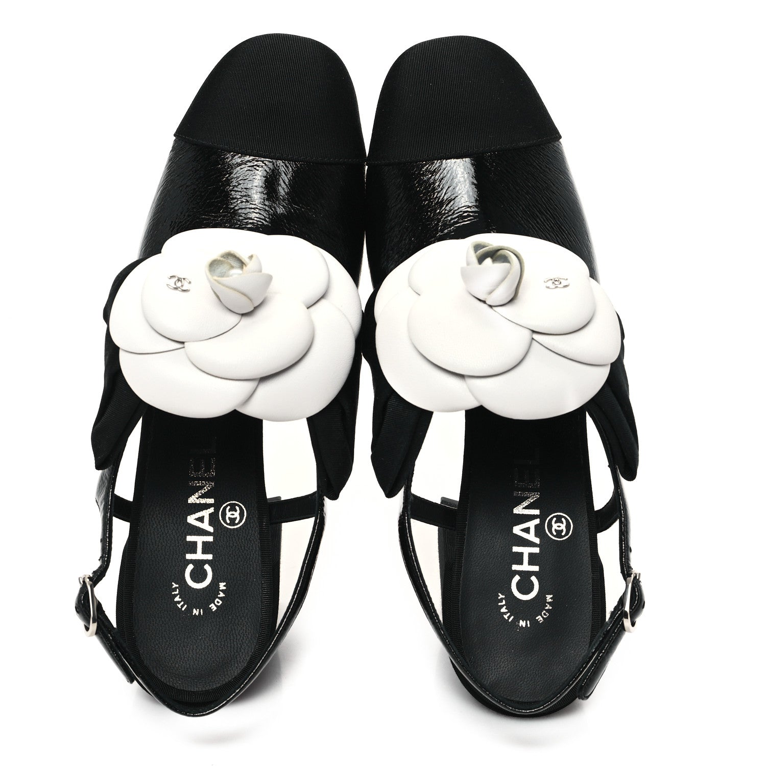 Crumpled Shiny Fabric Grosgrain Cap Toe Camellia Bow Slingback Pumps 38 Black