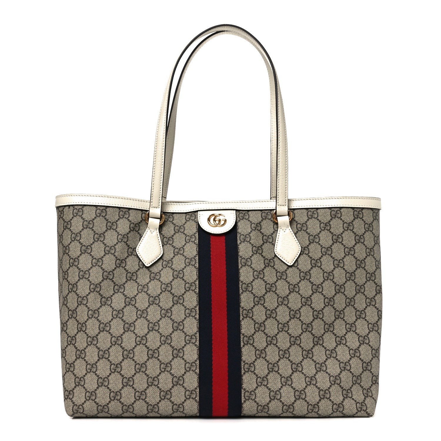 GG Supreme Monogram Textured Dollar Calfskin Web Medium Ophidia Shopping Tote Beige Ebony Mystic White