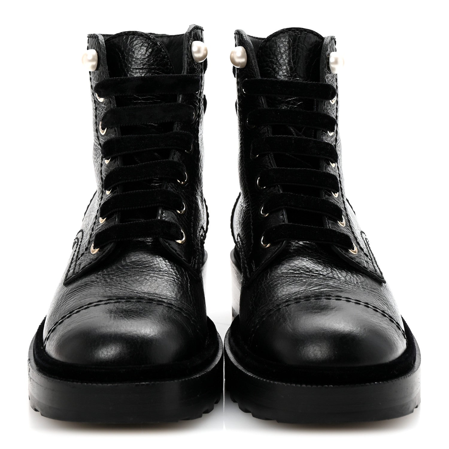 Shiny Calfskin Velvet Pearl Combat Short Boots 37 Black