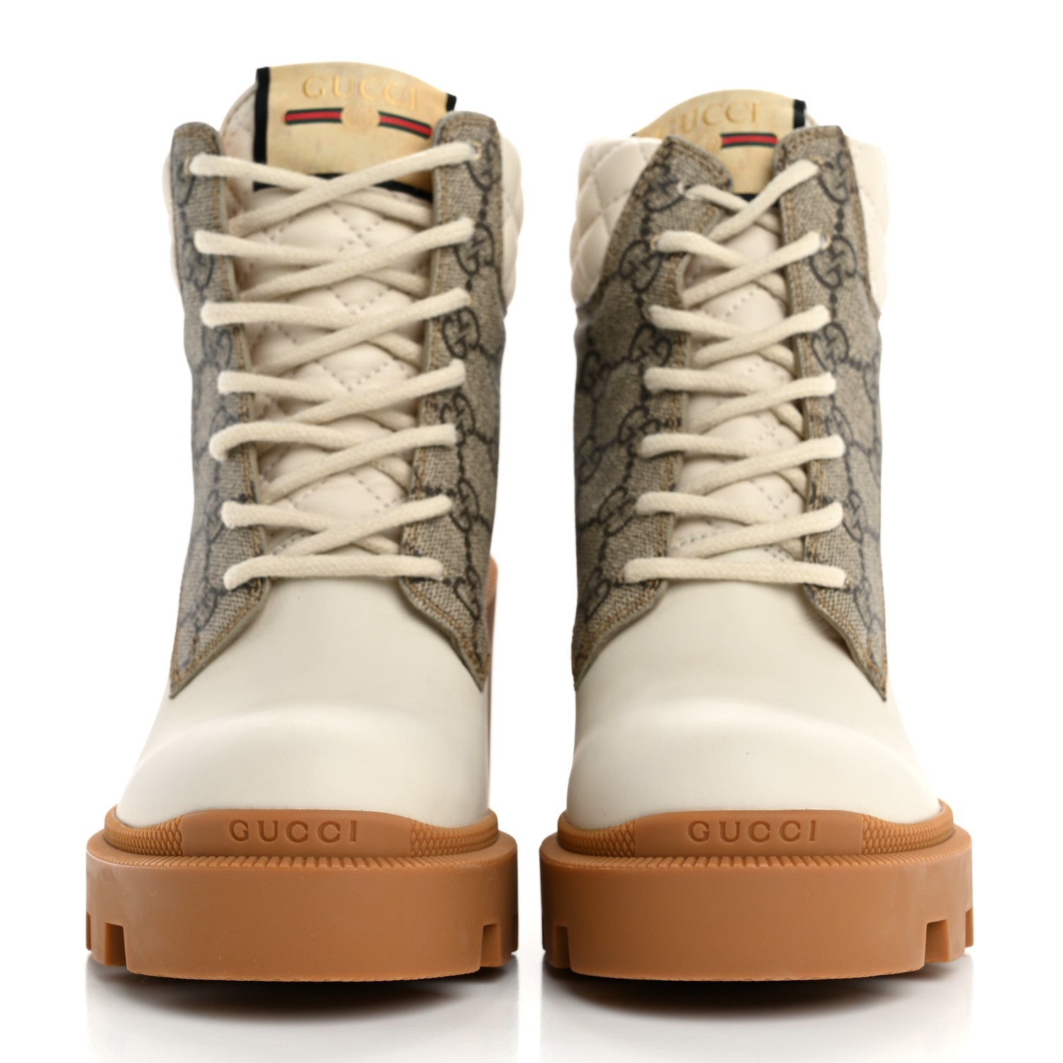 Calfskin GG Supreme Monogram Nappa Quilted Lace Up Ankle Boots 35 Mystic White Beige