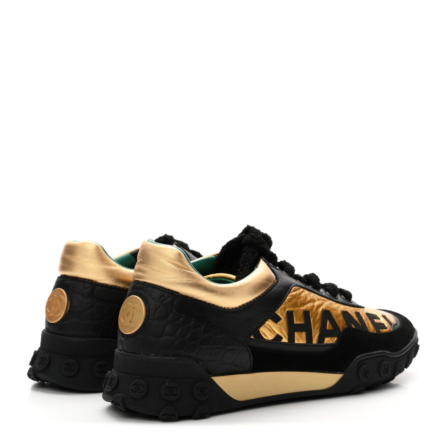 Metallic Fabric Calfskin Suede Crocodile Embossed CC Sneakers 38.5 Black Gold