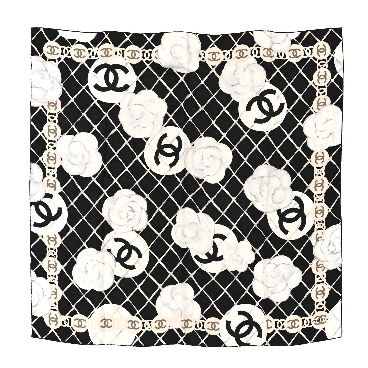 Silk Camellia CC Square Scarf Black
