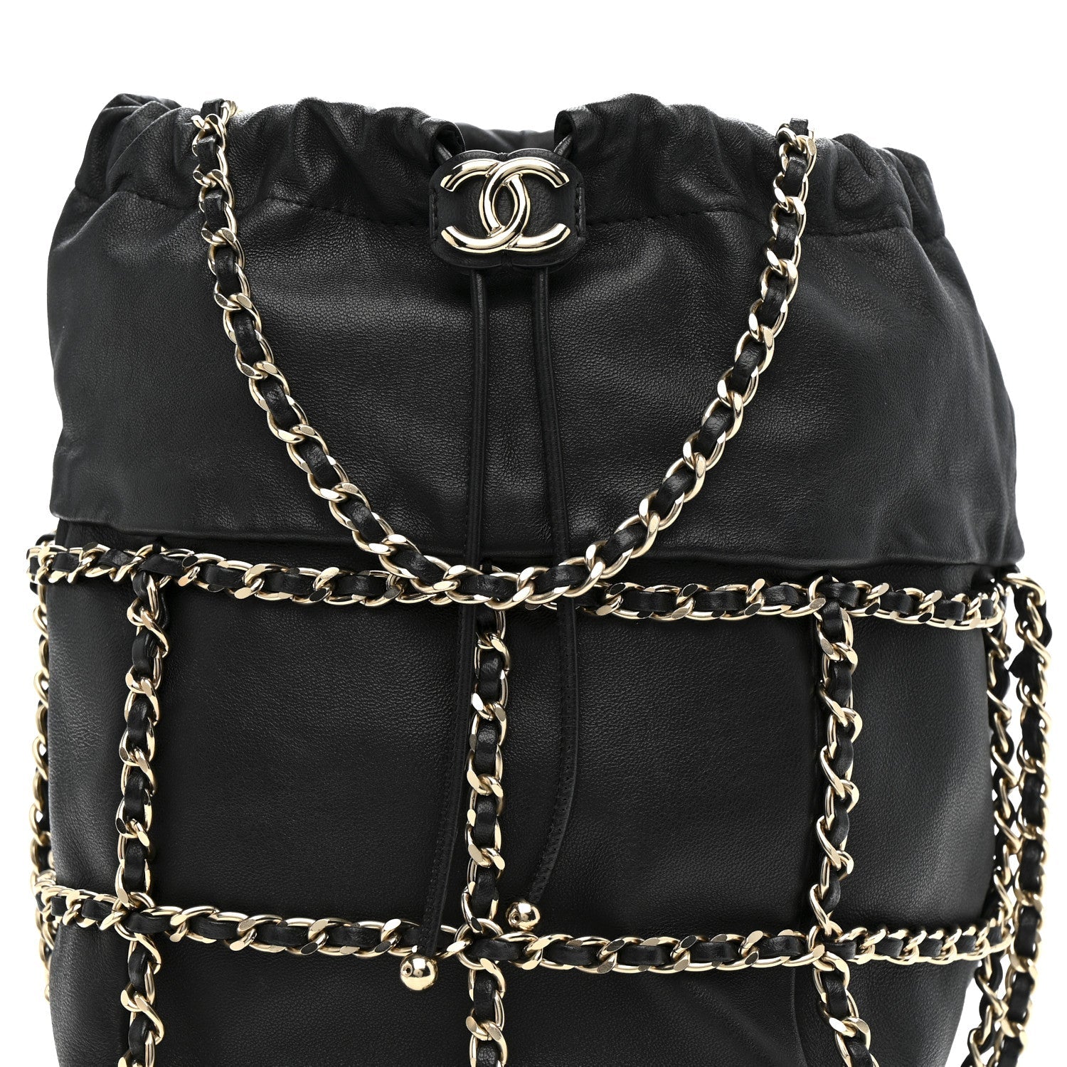 Lambskin Bucket Chain Drawstring Bag Black