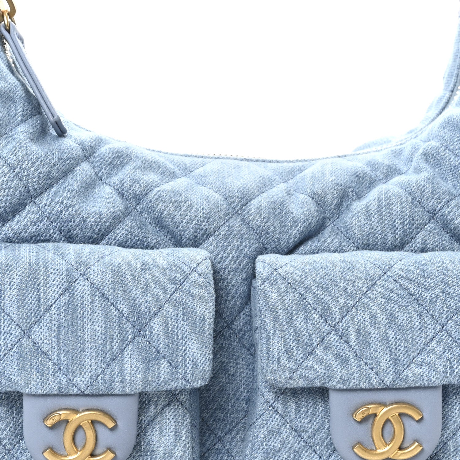 Washed Denim Quilted Large Trendy Pockets Hobo Blue
