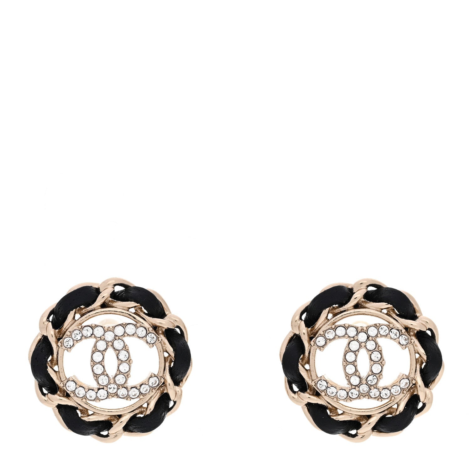 Crystal Lambskin Chain CC Stud Earrings Black Gold