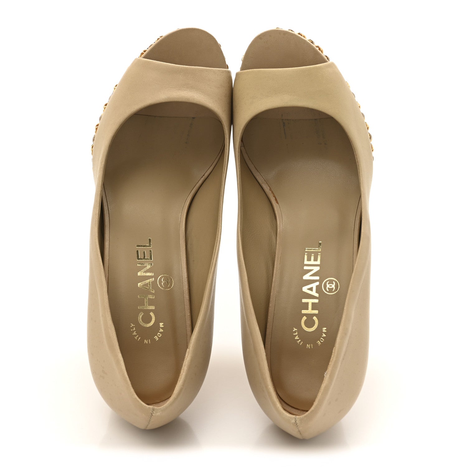 Calfskin Chain Peep Toe Wedge Pumps 39 Beige