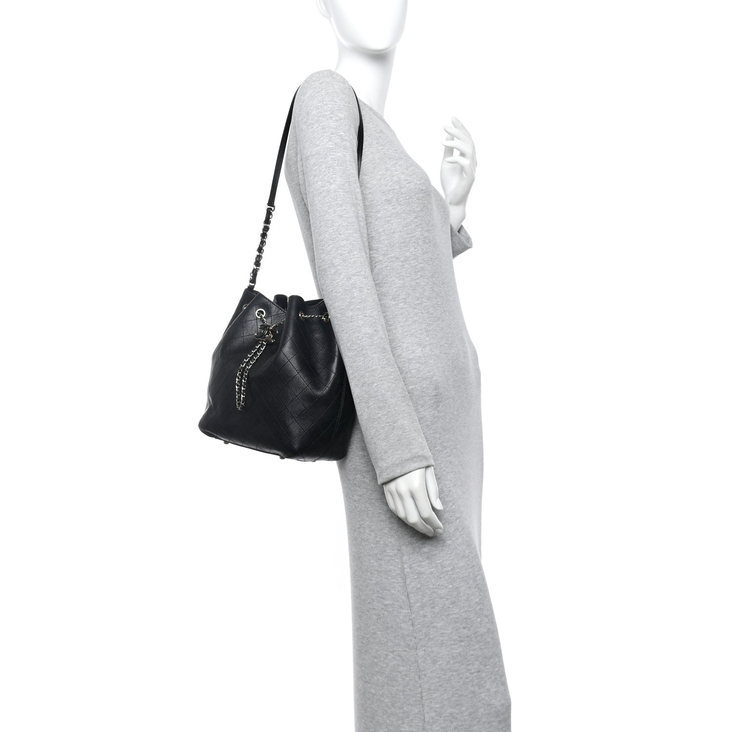 Calfskin Stitched Drawstring Bag Black