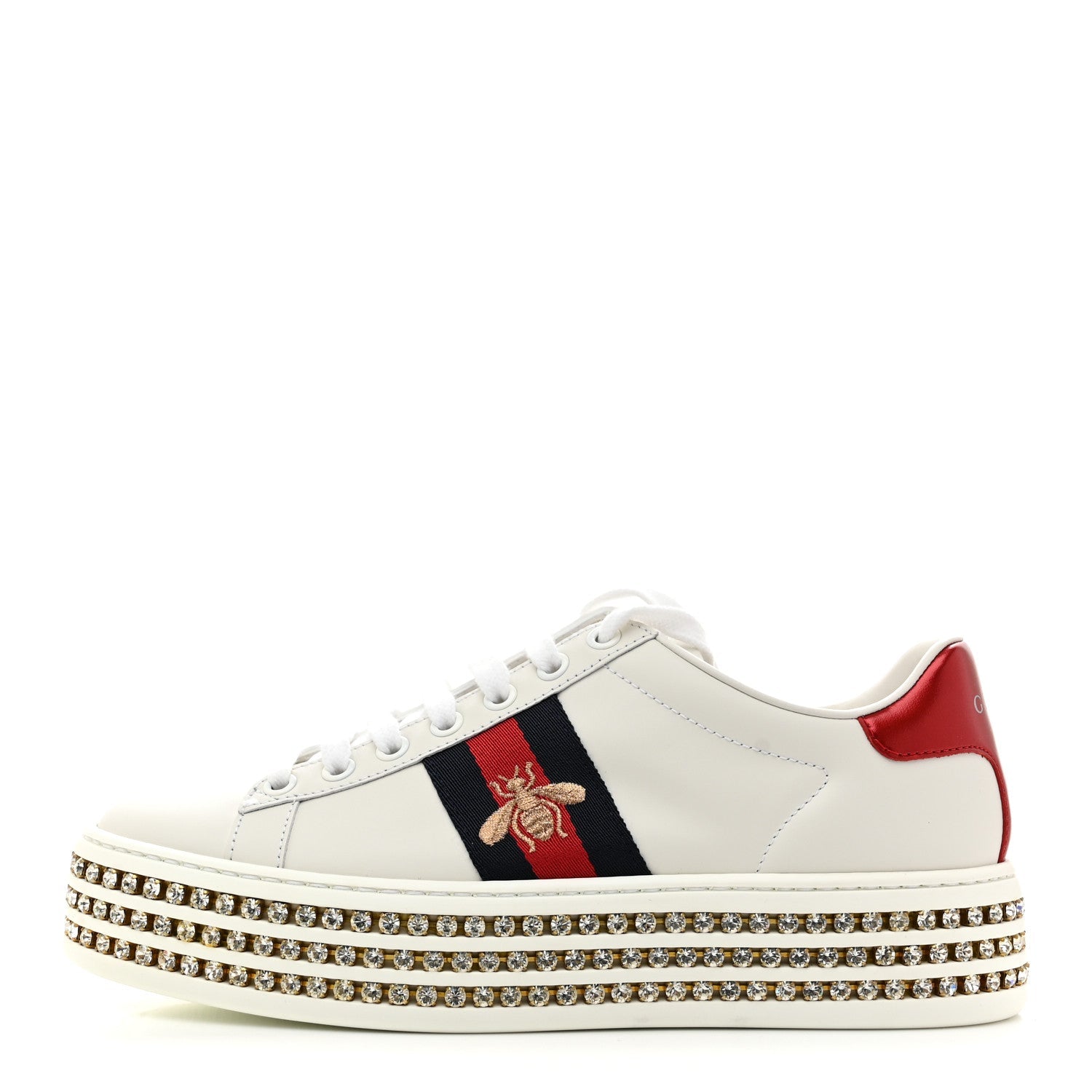 Calfskin Crystal Web Bee Embroidered Womens Ace Platform Sneakers 35.5 White