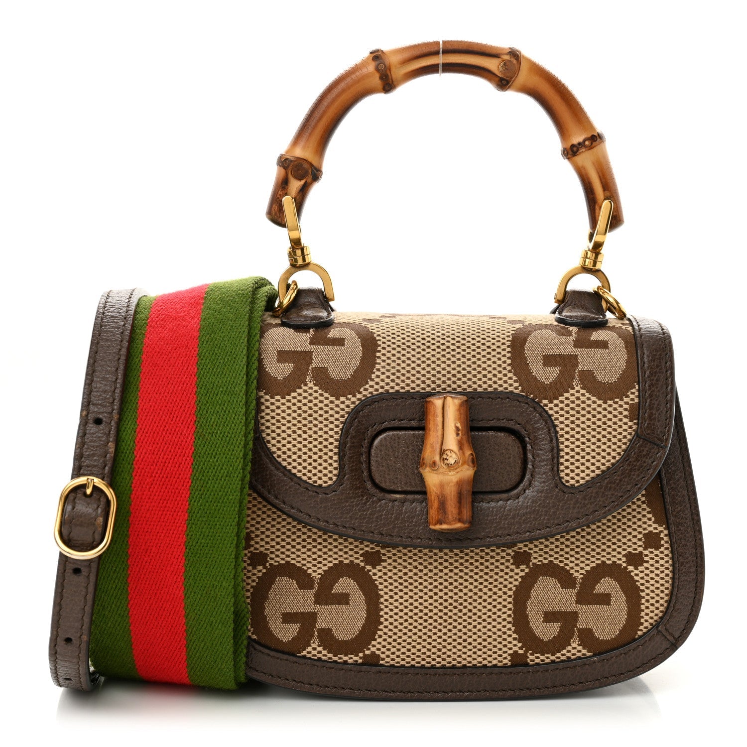 Monogram Jumbo GG Textured Dollar Calfskin Web Mini Bamboo 1947 Top Handle Bag Camel Ebony New Acero