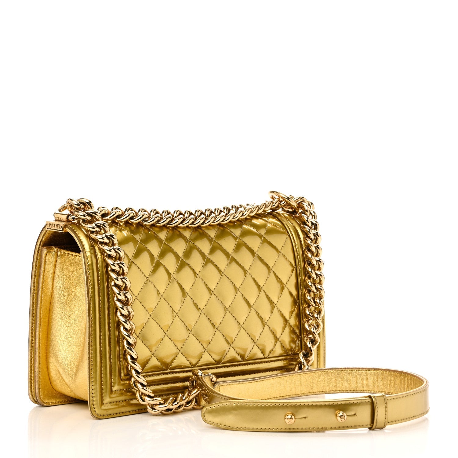Metallic Patent Calfskin Quilted Medium Boy Flap Gold
