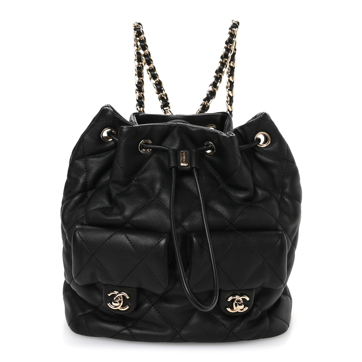 Lambskin Quilted Double Pocket Drawstring Backpack Black