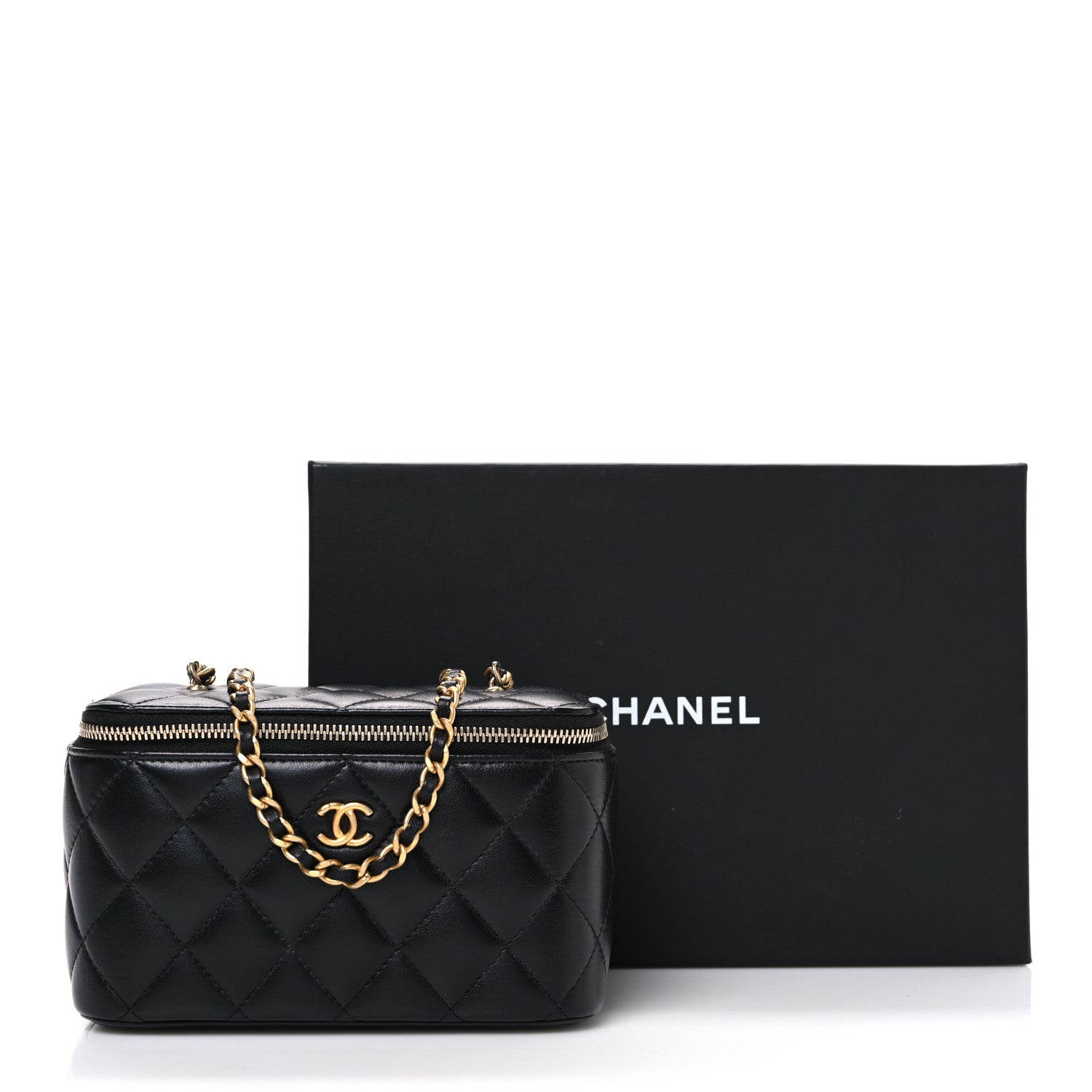 Lambskin Quilted Pearl Crush Small Vanity Case With Chain Black