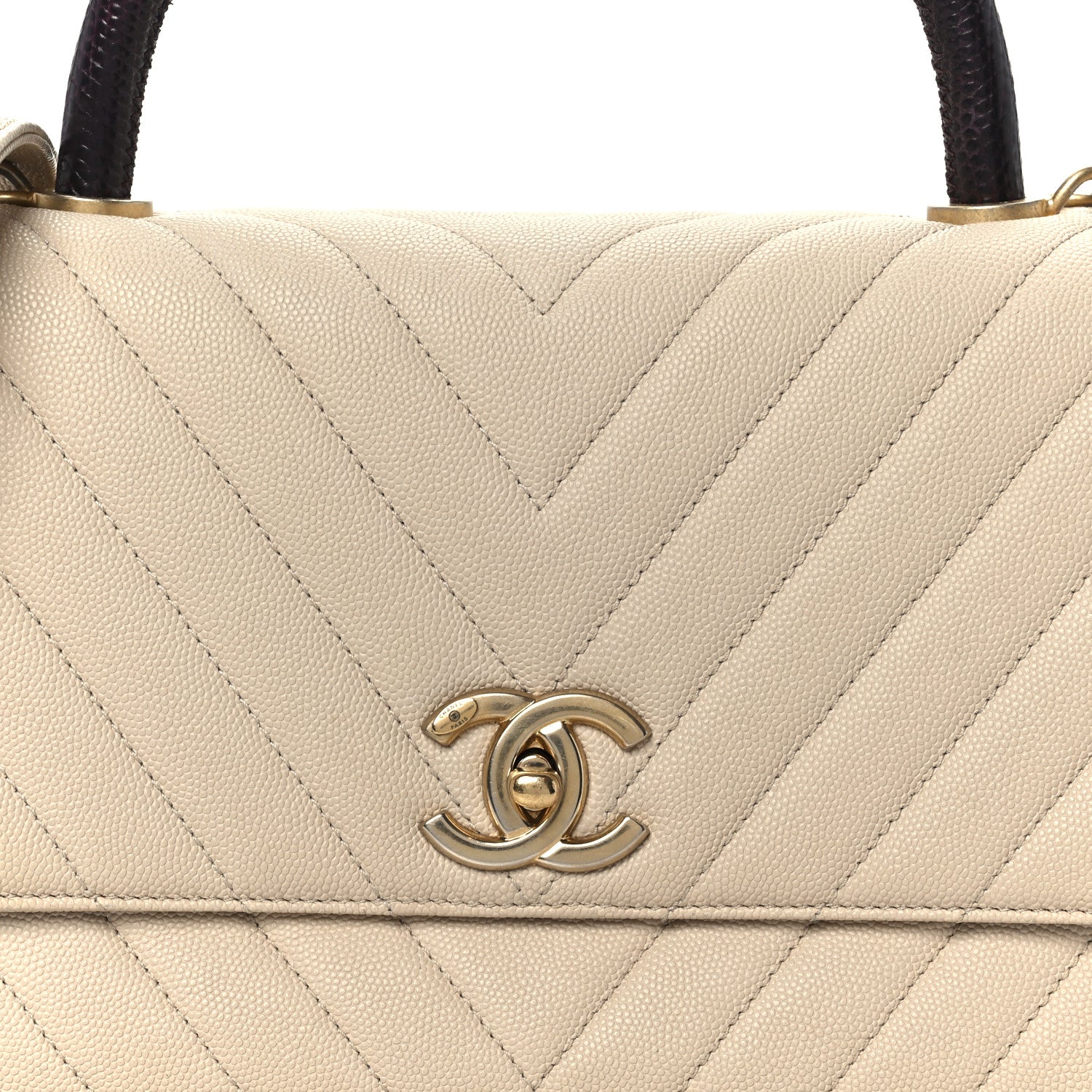 Caviar Lizard Embossed Chevron Quilted Small Coco Handle Flap Beige