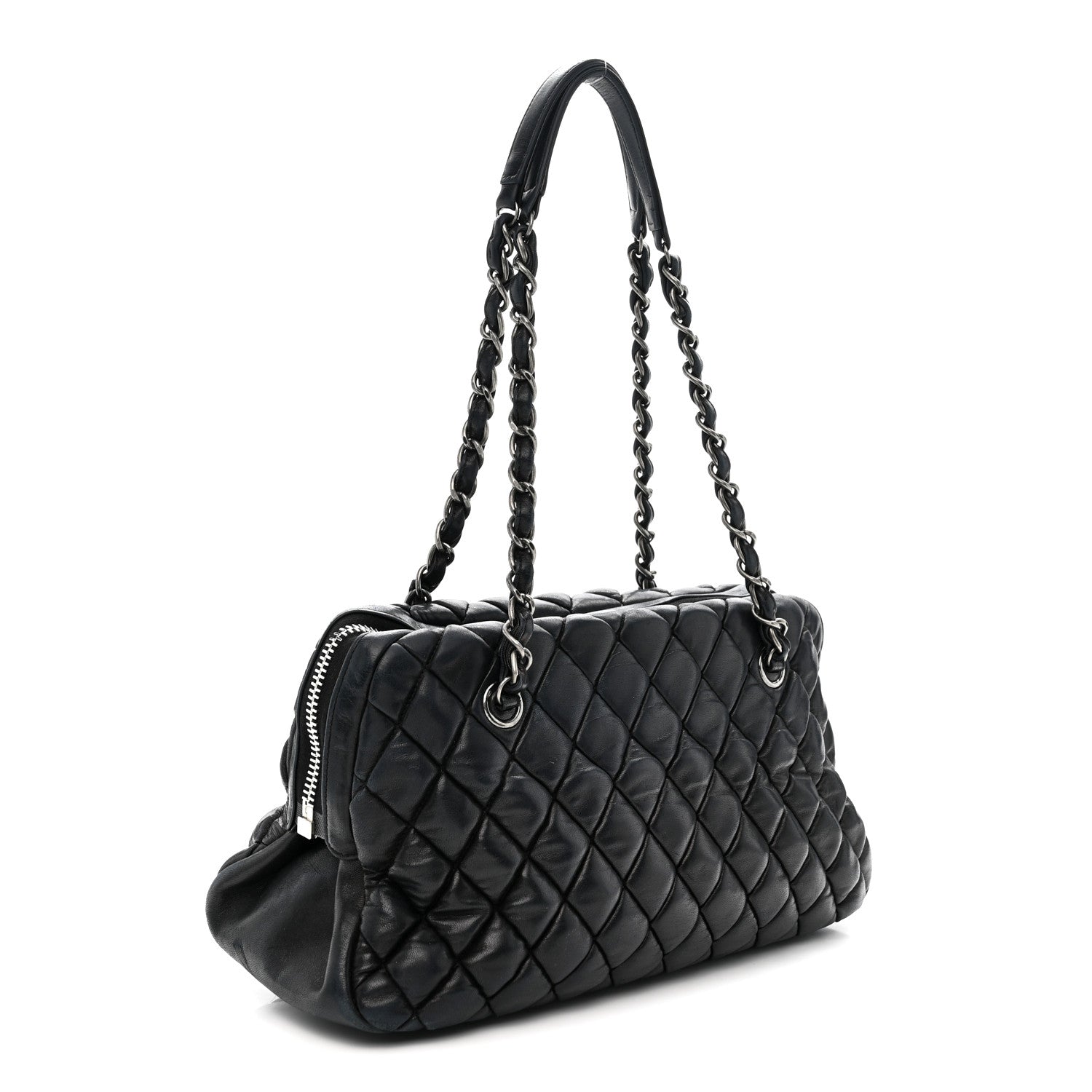 Lambskin Bubble Quilt Small Double Bowling Bag Black