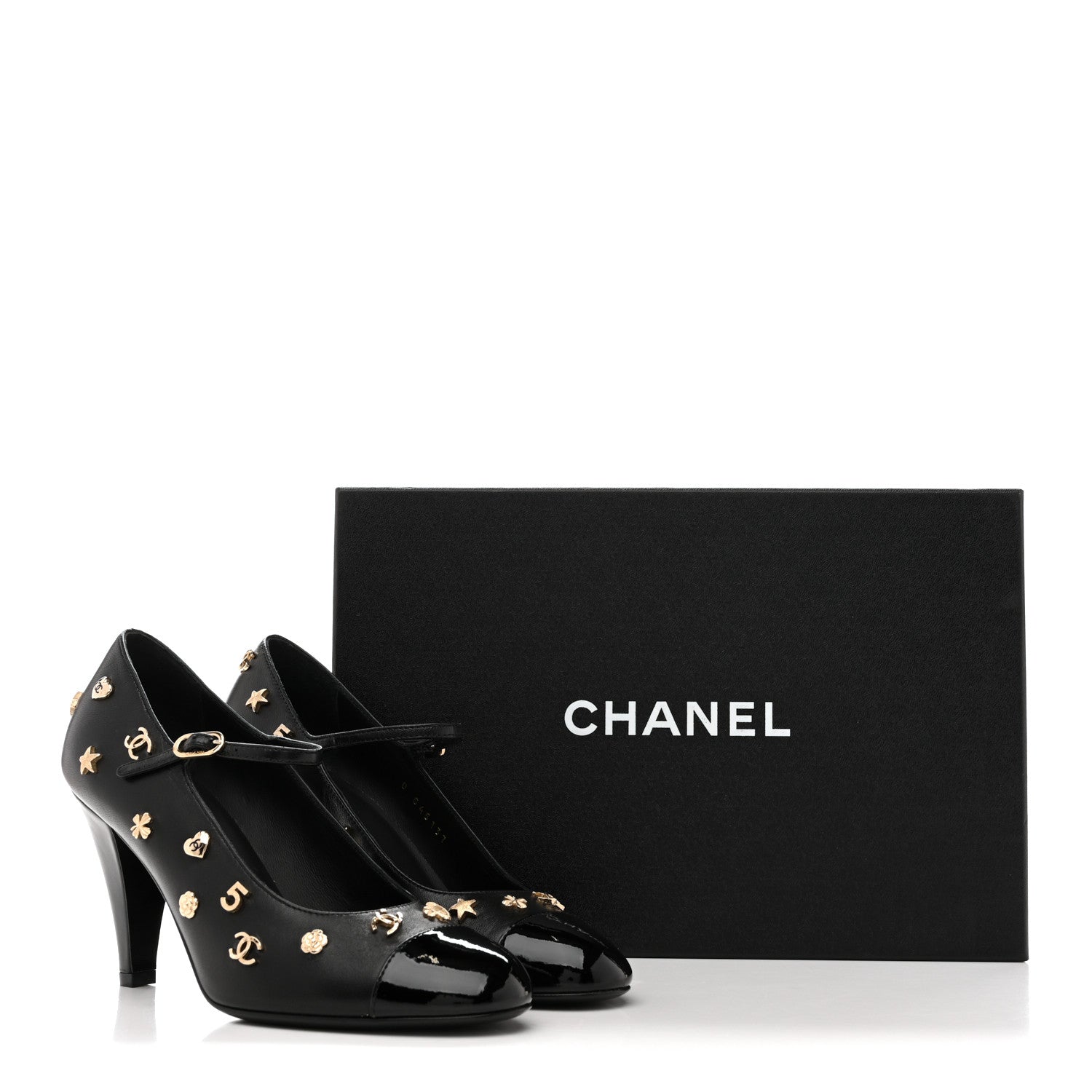 Lambskin Patent Cap Toe Charms Mary Jane Pumps 36.5 Black