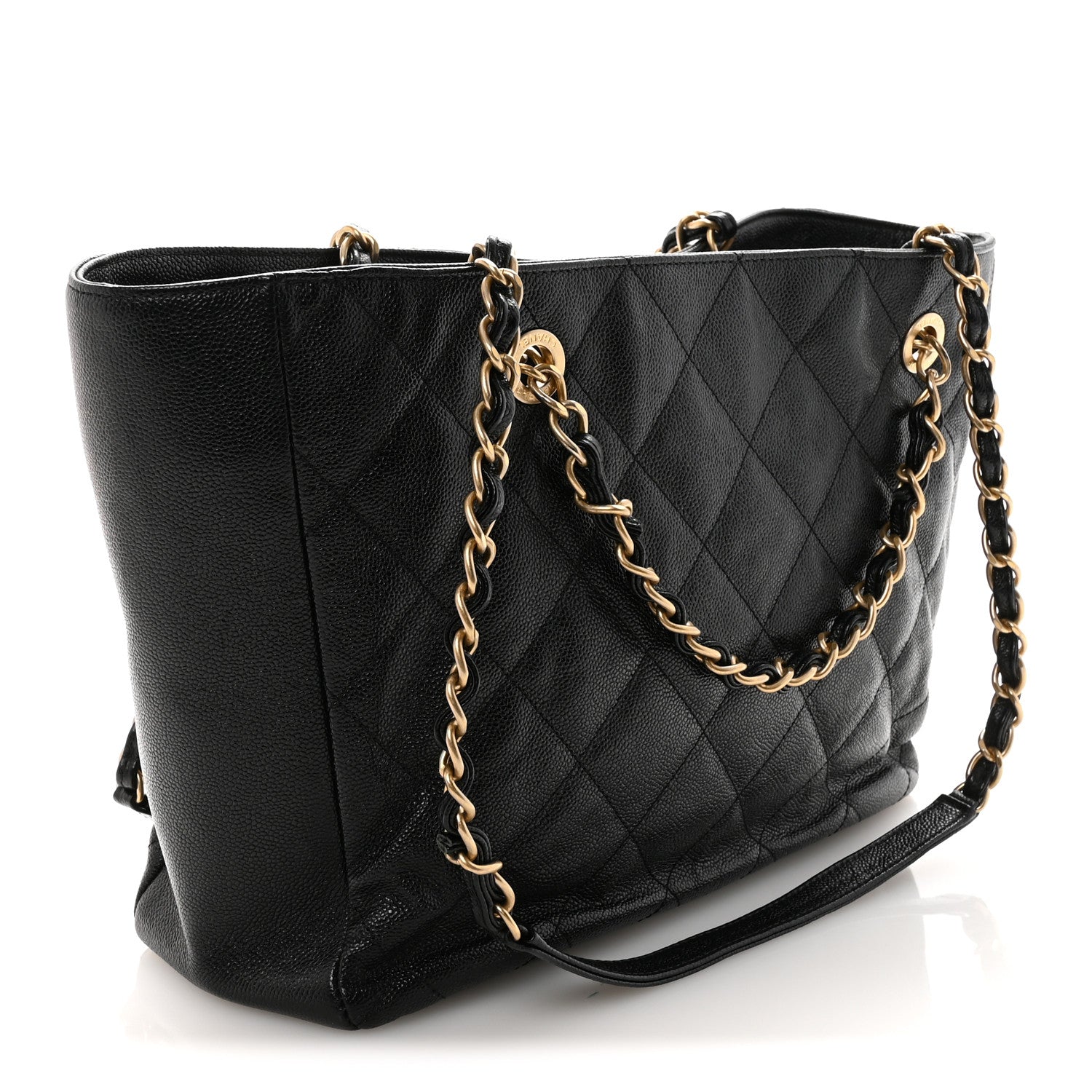 Caviar Quilted Small Trapezoid Chain Shopping Tote Black